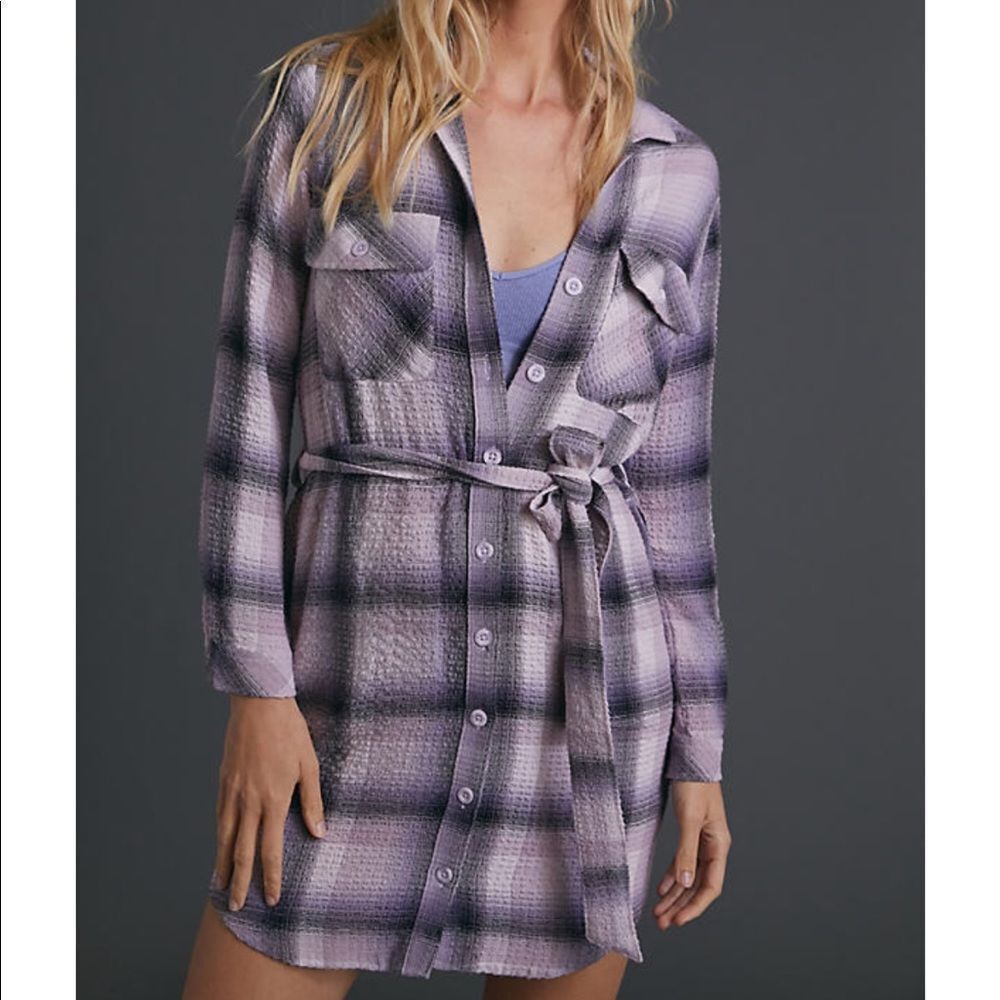 Anthropologie Cloth & Stone Plaid Violet Shirtdress Medium Petite NWT